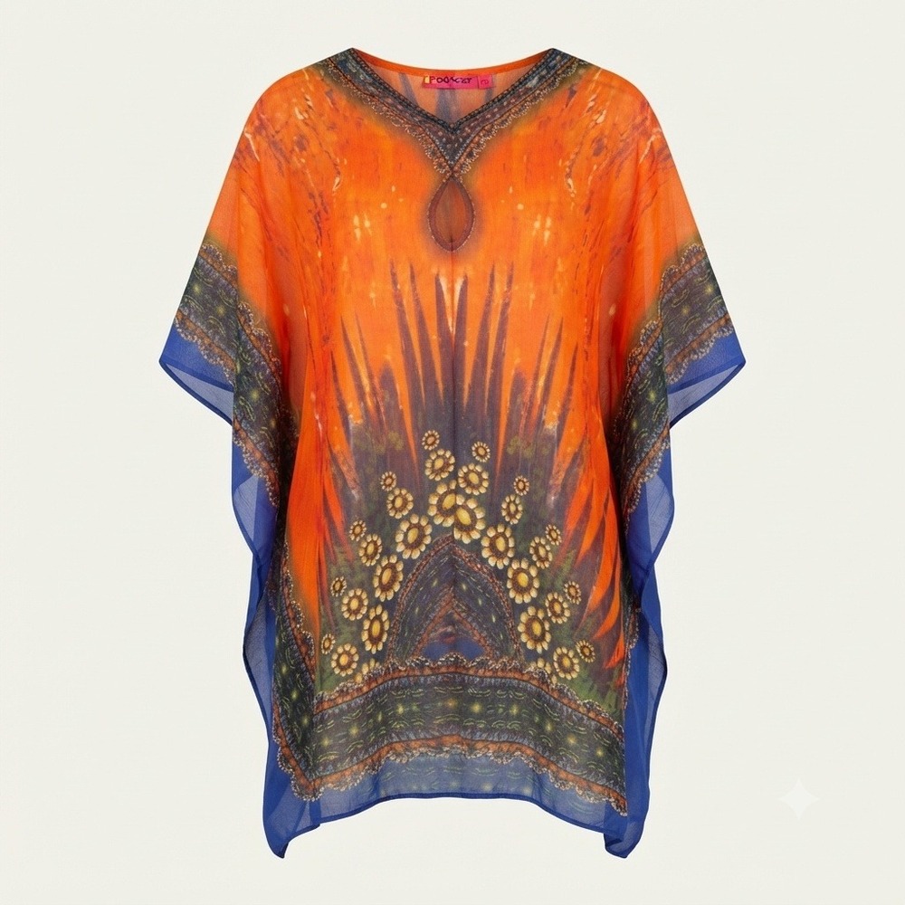 Pushkar Orange Blue Hippie Boho Printed Fall Kaftan Top Sheer Chiffon One Size